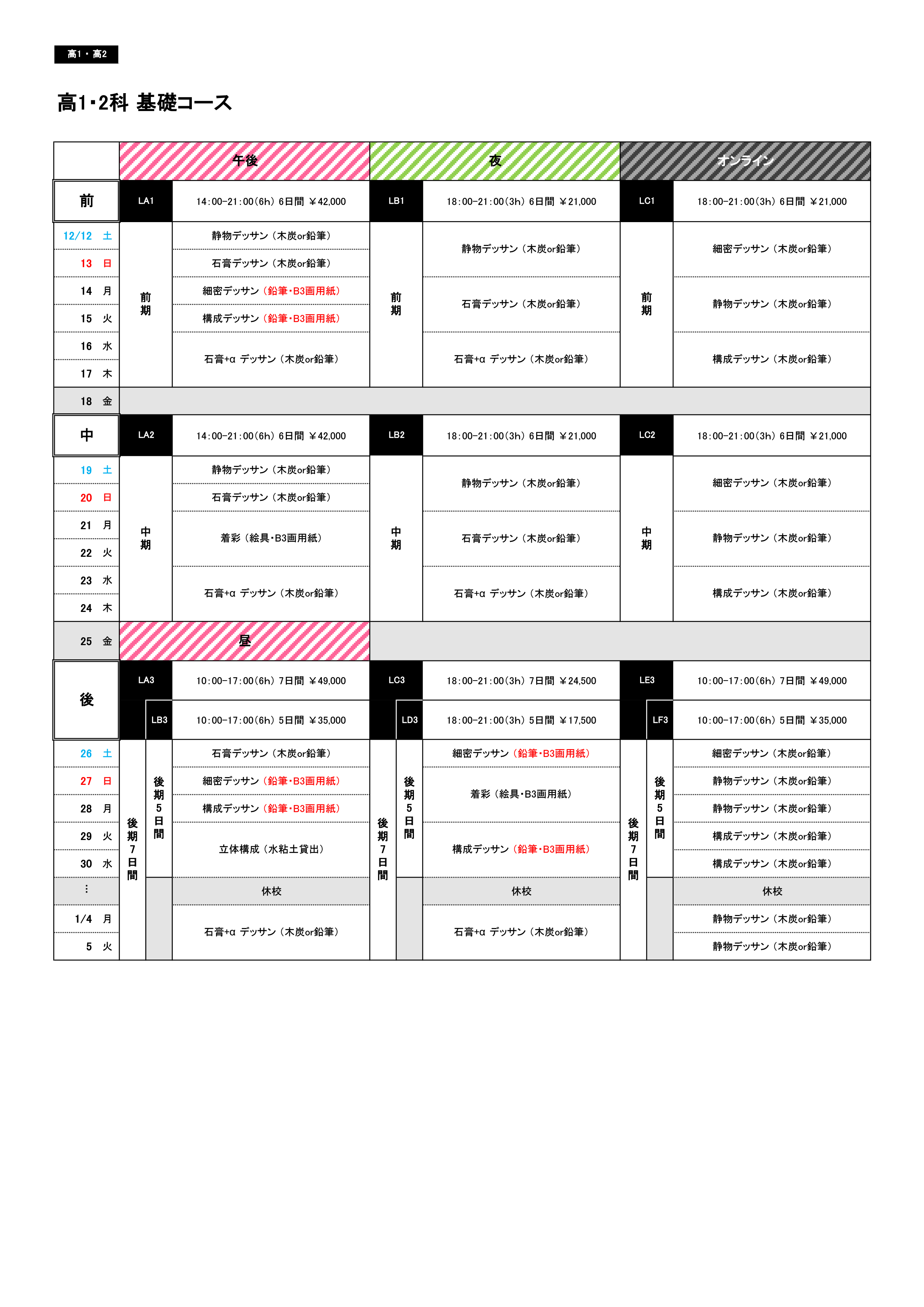 高1 2科 基礎コース 冬期 芸大 美大受験 御茶の水美術学院 Ochabi